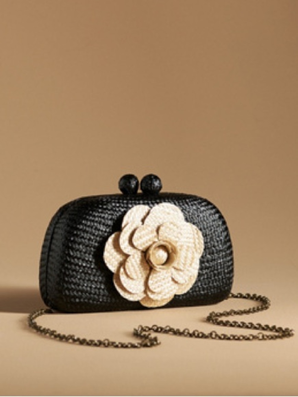 Serpui Anthropologie Black Woven Floral Accent Clutch with Chain Strap